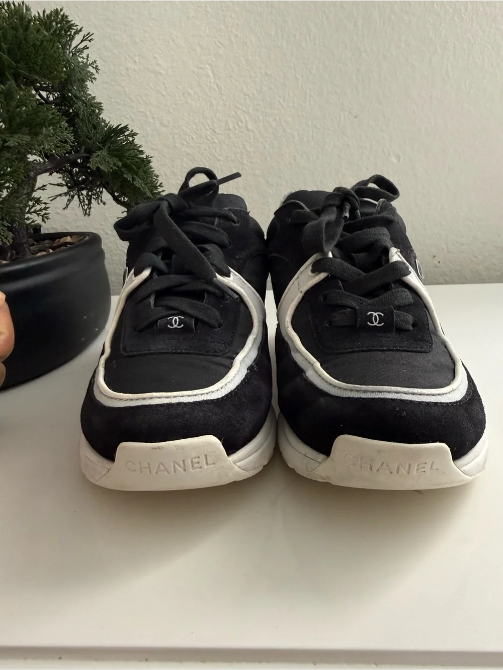 CHANEL Black and White Logo Sneakers
